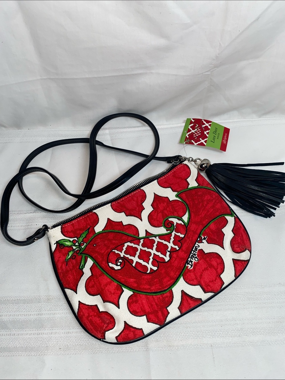 Brighton Love Dove Pouch Red and Black Crossbody Bag with Green Accents NEW